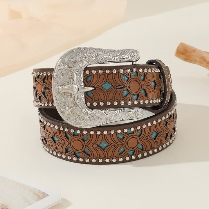 Western Style Carved Rodeo Bull Buckle Leather Belt