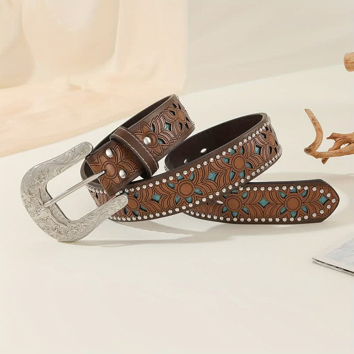 Western Style Carved Rodeo Bull Buckle Leather Belt