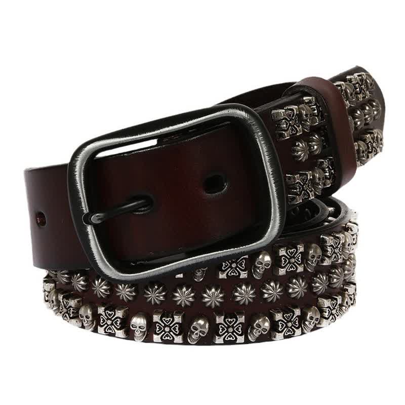 Skulls & Crossbones Three Row Stud Leather Belt