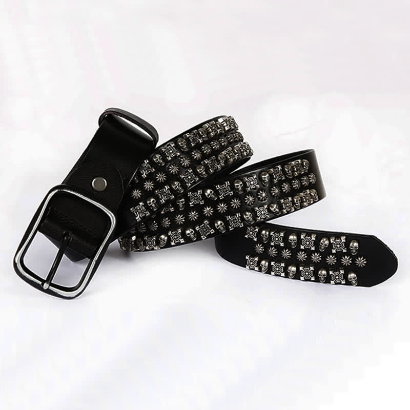 Skulls & Crossbones Three Row Stud Leather Belt