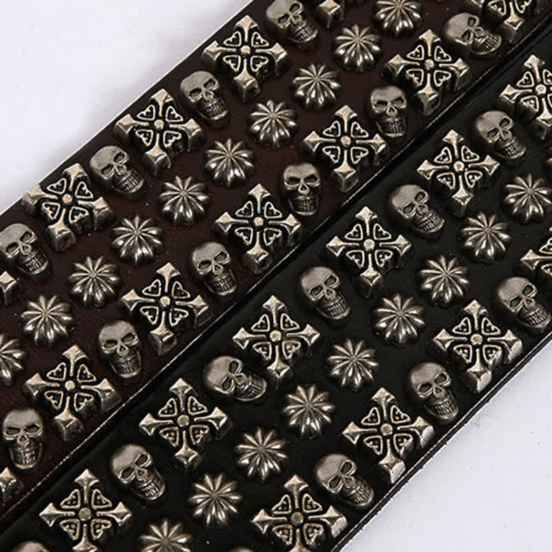 Skulls & Crossbones Three Row Stud Leather Belt