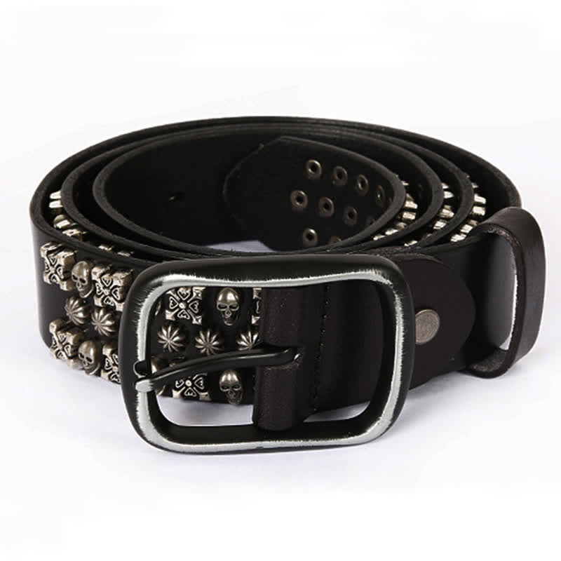 Skulls & Crossbones Three Row Stud Leather Belt