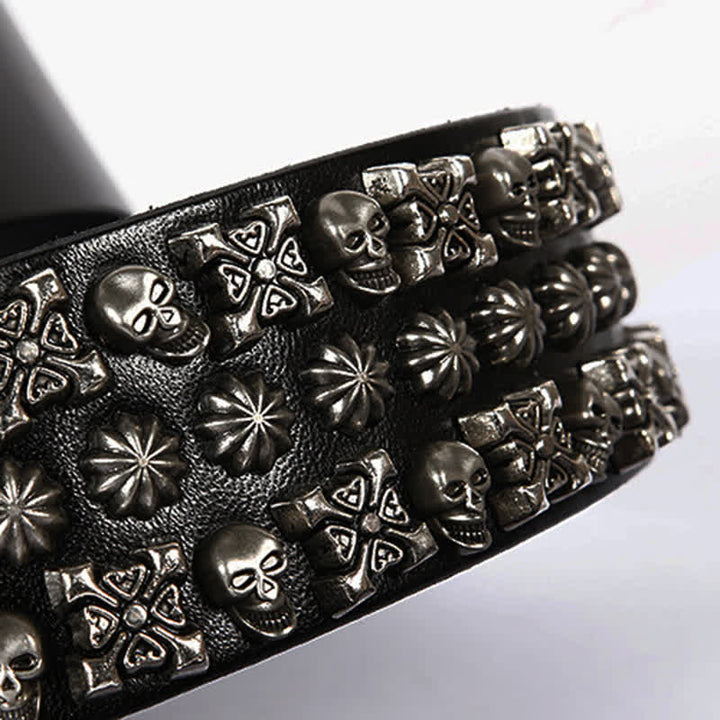 Skulls & Crossbones Three Row Stud Leather Belt