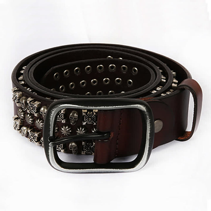 Skulls & Crossbones Three Row Stud Leather Belt