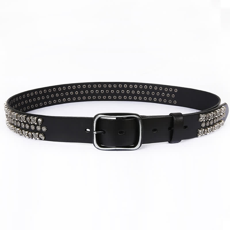 Skulls & Crossbones Three Row Stud Leather Belt