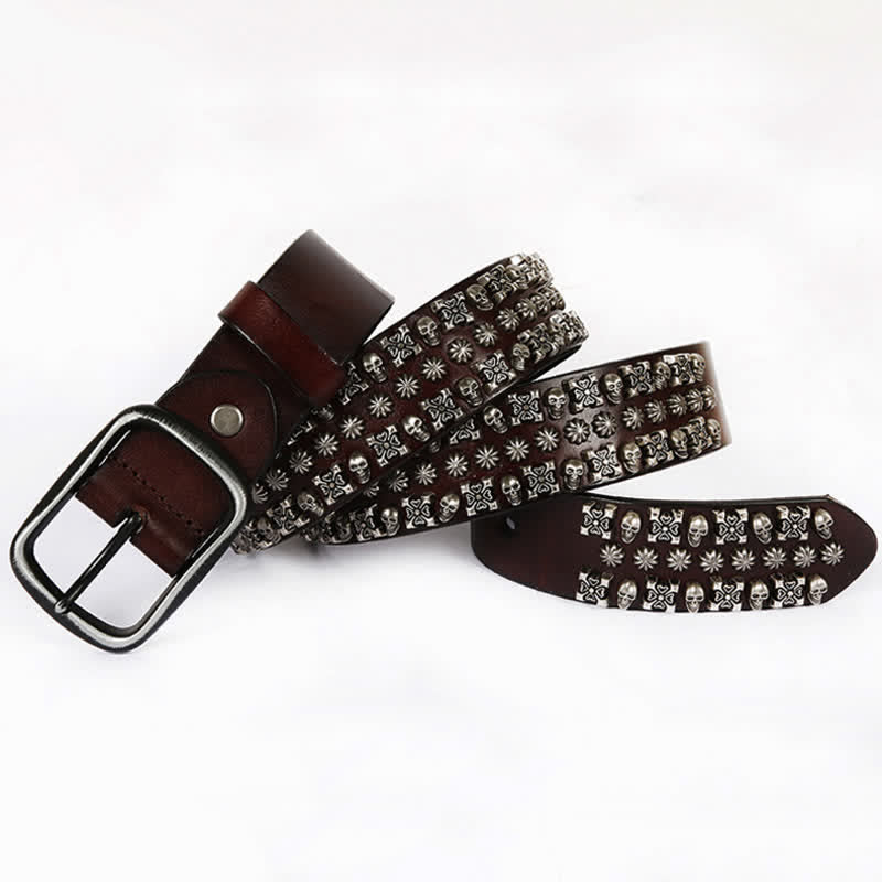 Skulls & Crossbones Three Row Stud Leather Belt