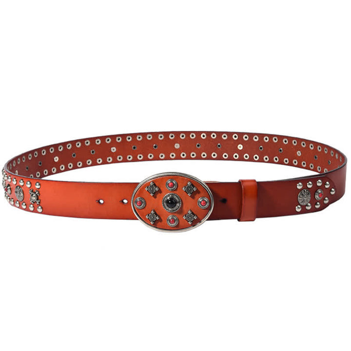 Resin Gemstone Engraved Floral Rivets Leather Belt