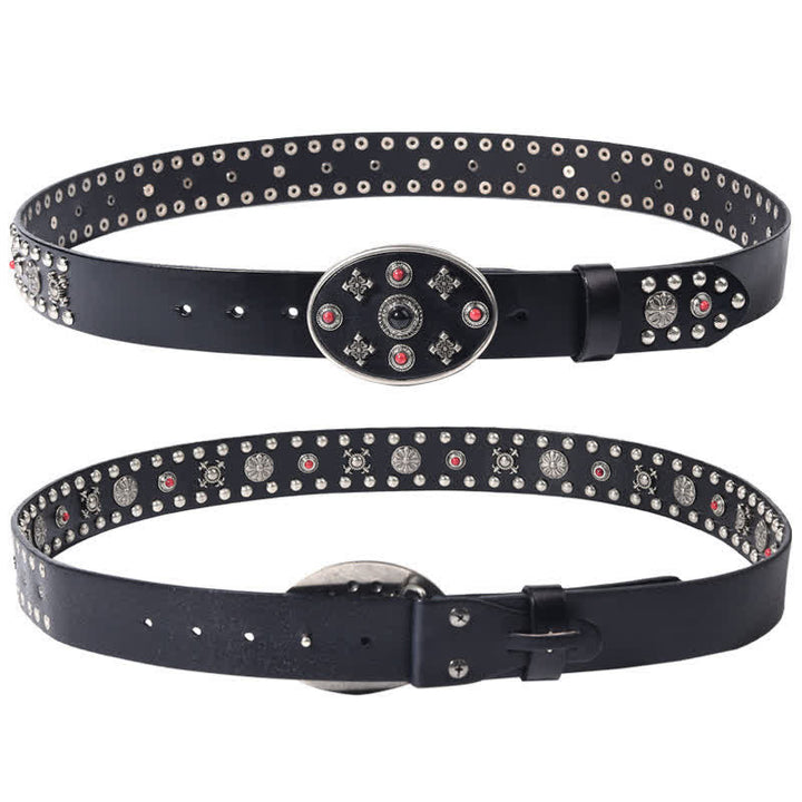 Resin Gemstone Engraved Floral Rivets Leather Belt