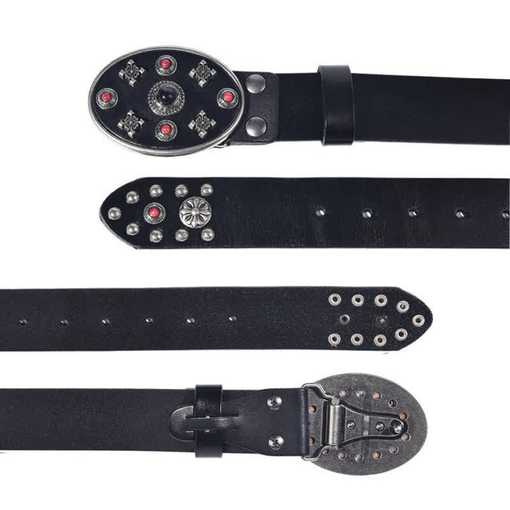 Resin Gemstone Engraved Floral Rivets Leather Belt