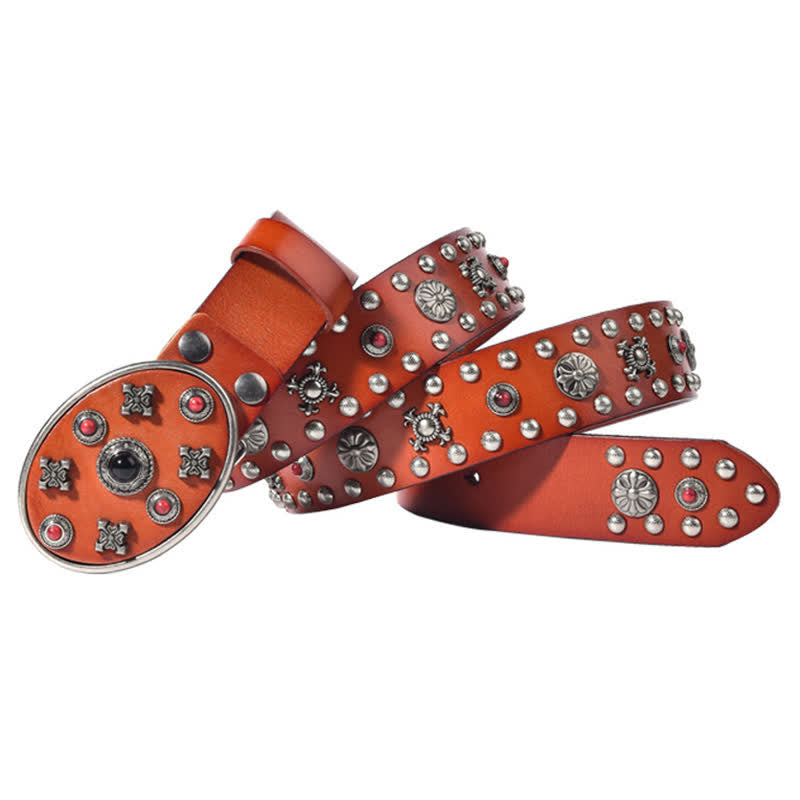 Resin Gemstone Engraved Floral Rivets Leather Belt