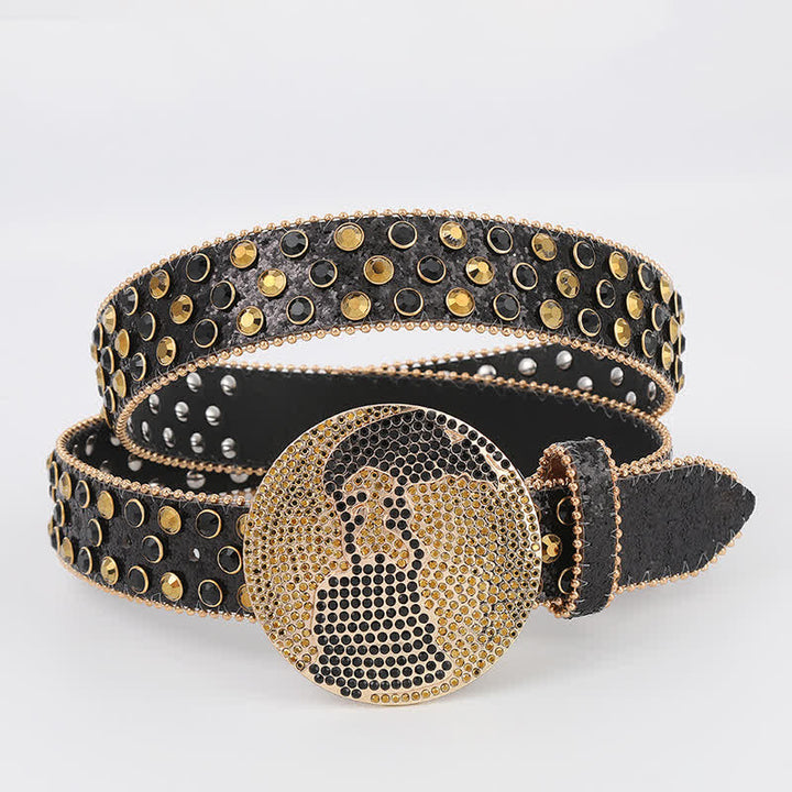 Women's Gold & Black Rhinestone Shiny Rivets Leather Belt