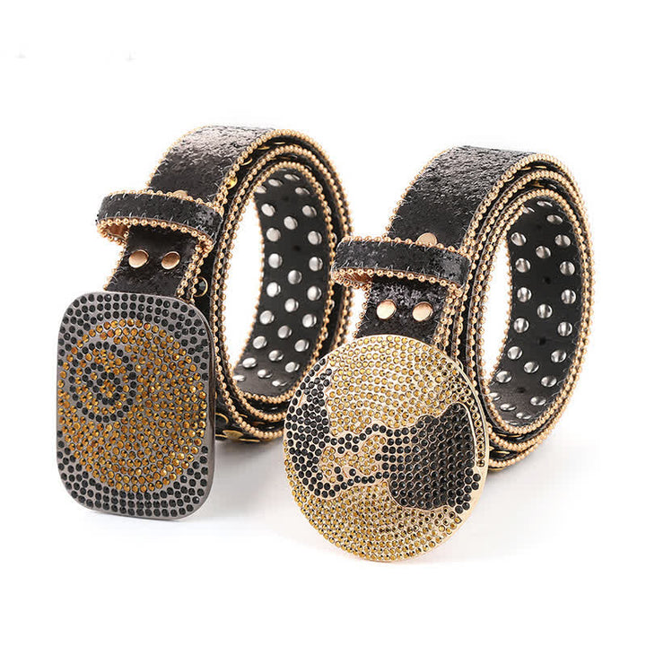 Women's Gold & Black Rhinestone Shiny Rivets Leather Belt