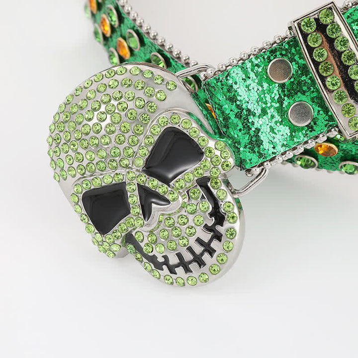 Multicolored Skull Head Rhinestone Glitter Rivets Leather Belt