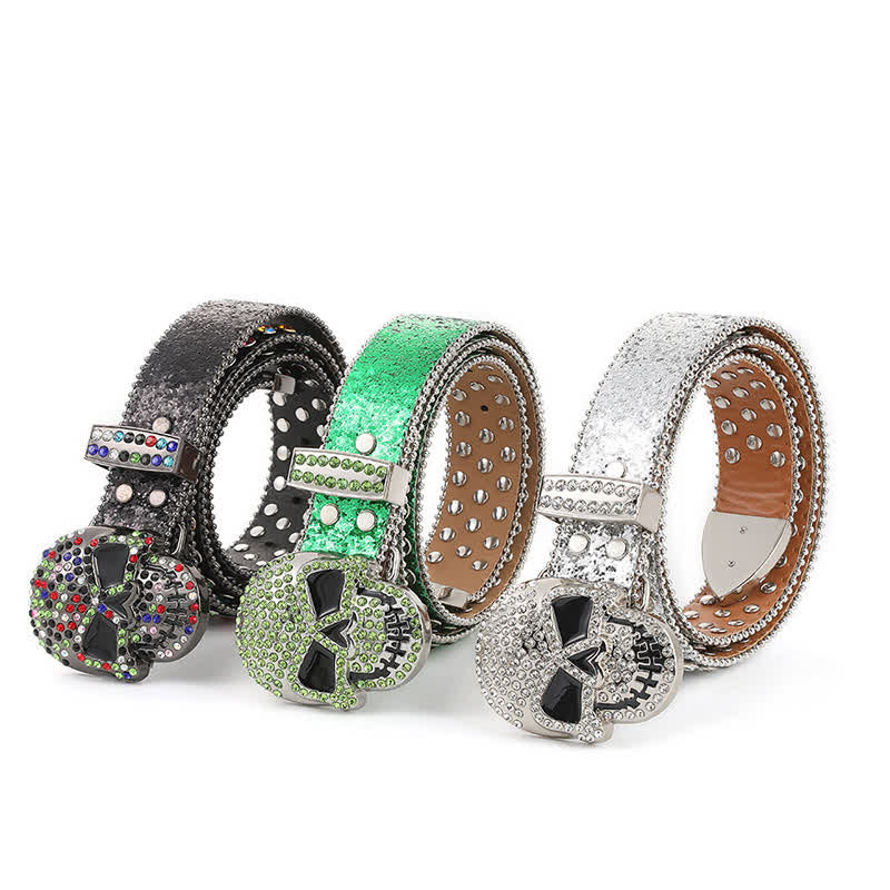 Multicolored Skull Head Rhinestone Glitter Rivets Leather Belt