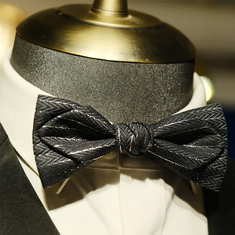 Men's Dark Gray Striped Herringbone Pattern Bow Tie