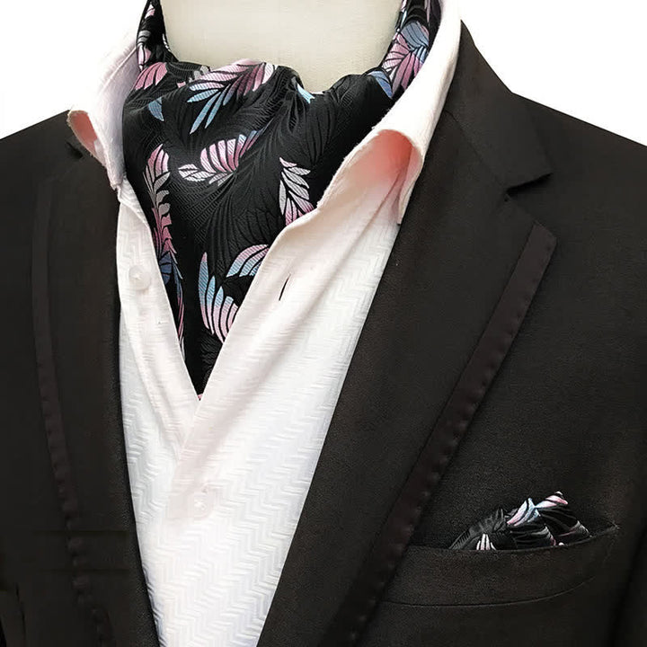 2Pcs Pink Leaves Black Pocket Square and Cravat Set