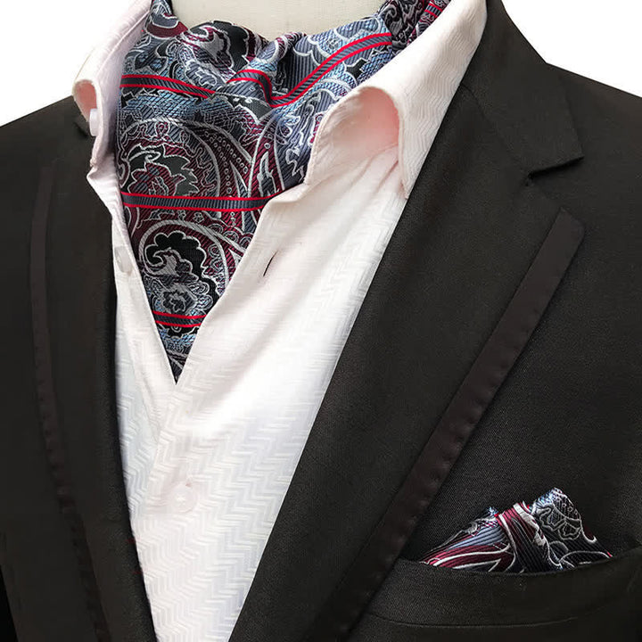 2Pcs Red Striped & Gray Paisley Pocket Square and Cravat Set