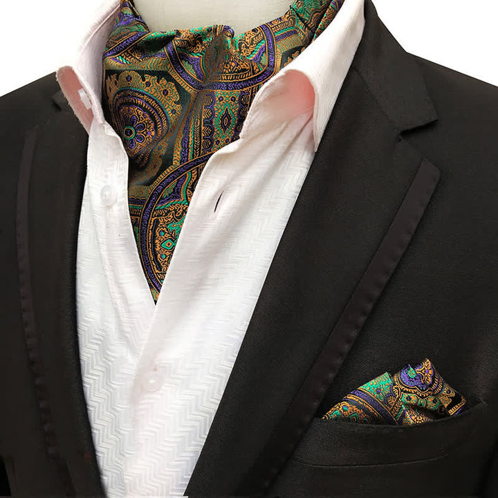 2Pcs Green Orange Purple Paisley Pocket Square and Cravat Set