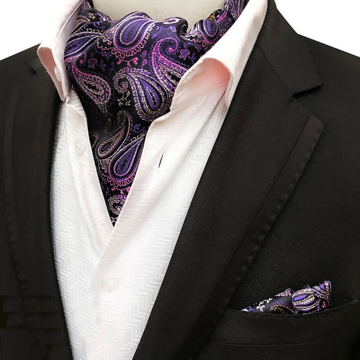 2Pcs Luxury Purple Paisley Pocket Square and Cravat Set