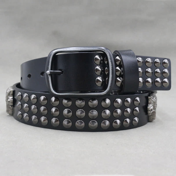 Wolf Head Rivets Three Rows Studded Leather Belt