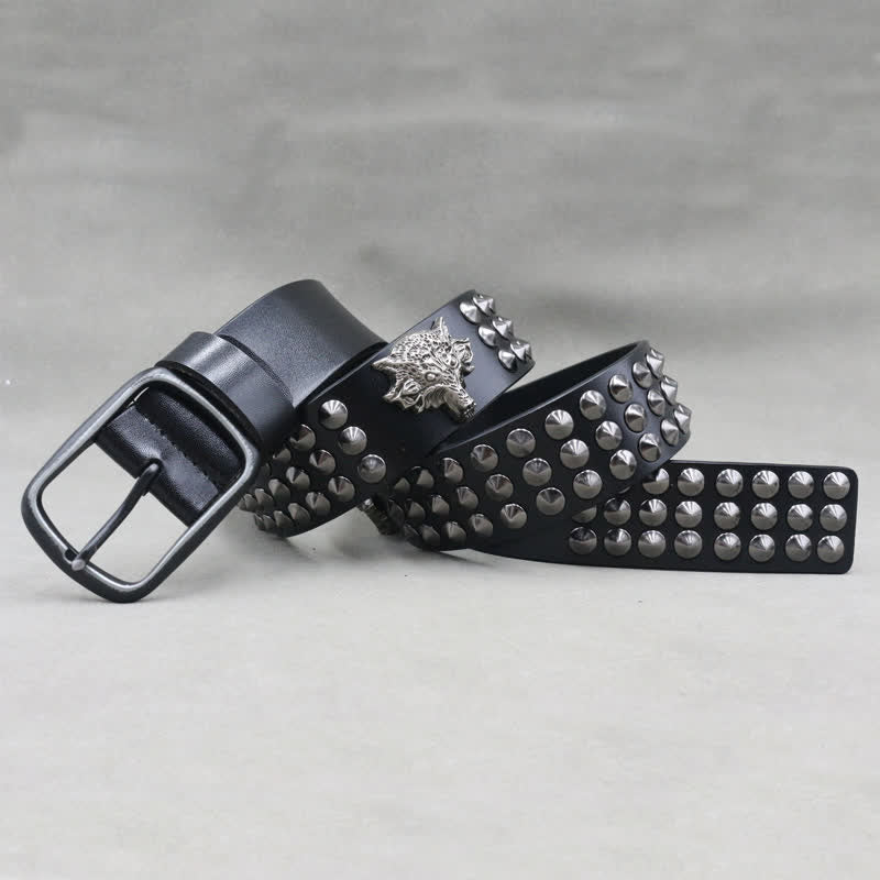 Wolf Head Rivets Three Rows Studded Leather Belt