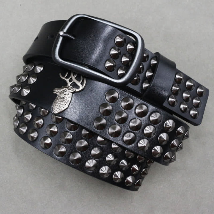 Lucky Deer Rivets Three Rows Studded Leather Belt