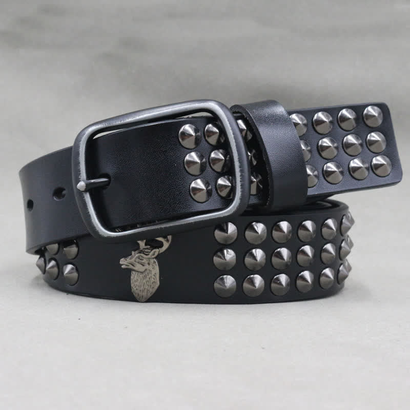 Lucky Deer Rivets Three Rows Studded Leather Belt