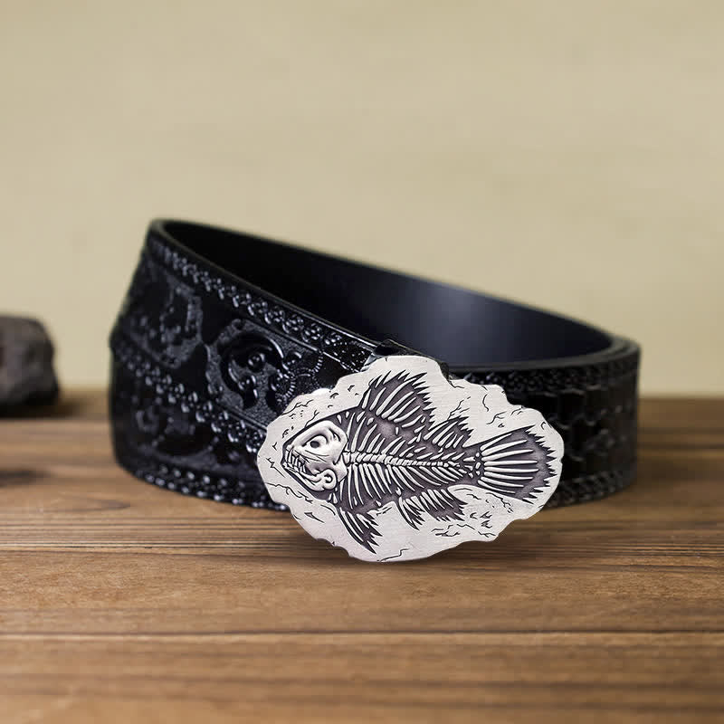 Men's DIY Fish Fossil Buckle Leather Belt