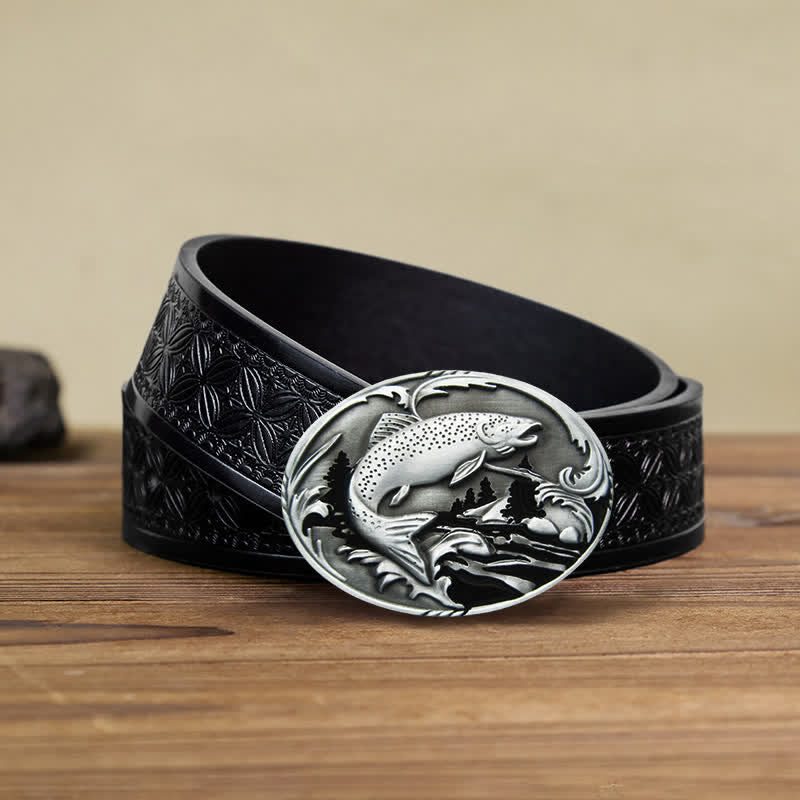 Men's DIY Fishing Wildlife Buckle Leather Belt