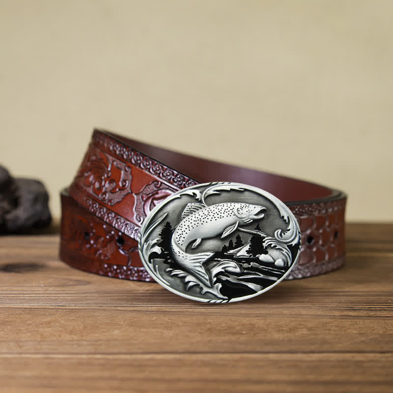 Men's DIY Fishing Wildlife Buckle Leather Belt