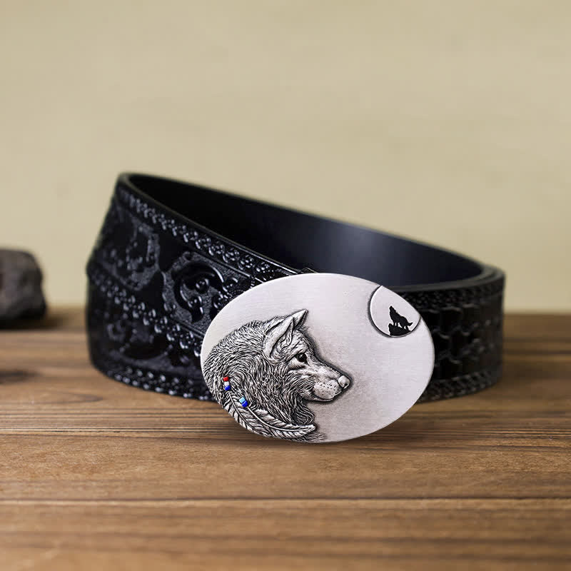 Men's DIY Indian Wolf Buckle Leather Belt