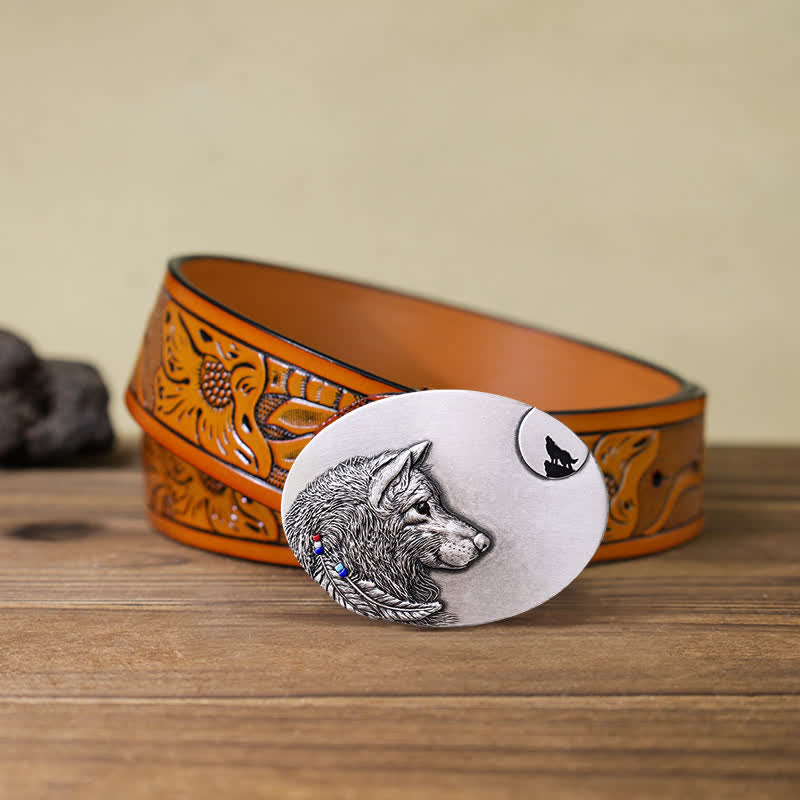 Men's DIY Indian Wolf Buckle Leather Belt