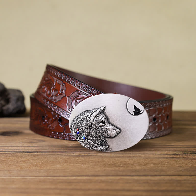 Men's DIY Indian Wolf Buckle Leather Belt