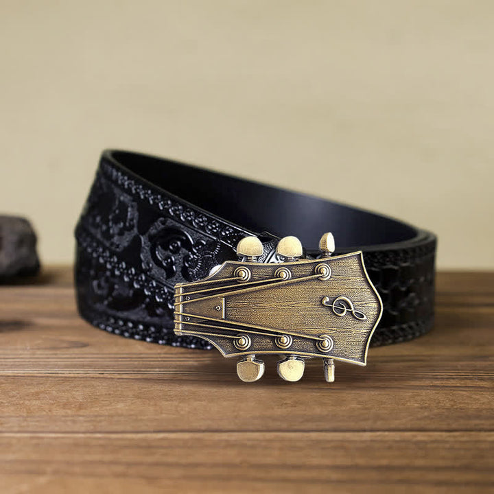 Men's DIY Bronze Guitar Music Buckle Leather Belt