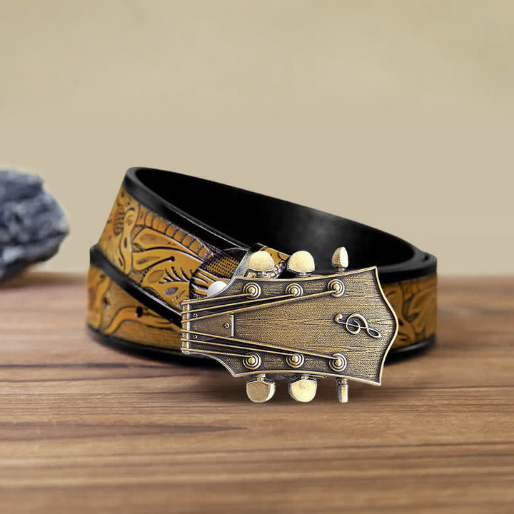 Men's DIY Bronze Guitar Music Buckle Leather Belt