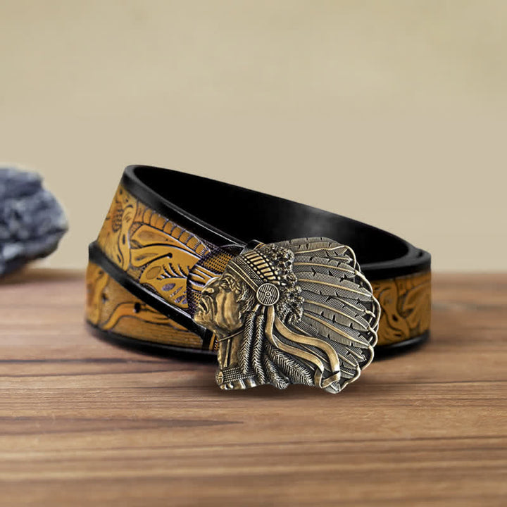 Men's DIY Native Chief Head Buckle Leather Belt