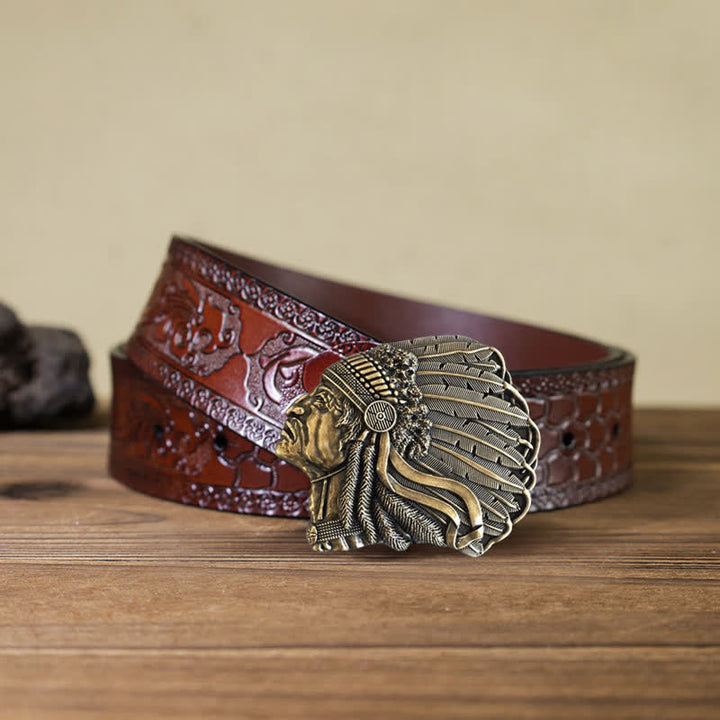 Men's DIY Native Chief Head Buckle Leather Belt