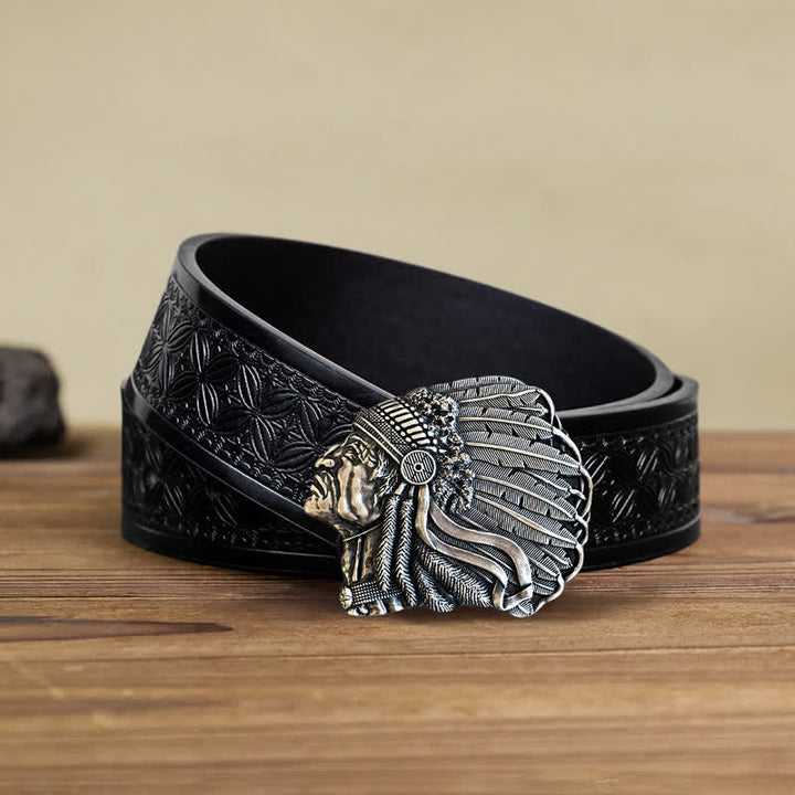 Men's DIY Native Chief Head Buckle Leather Belt