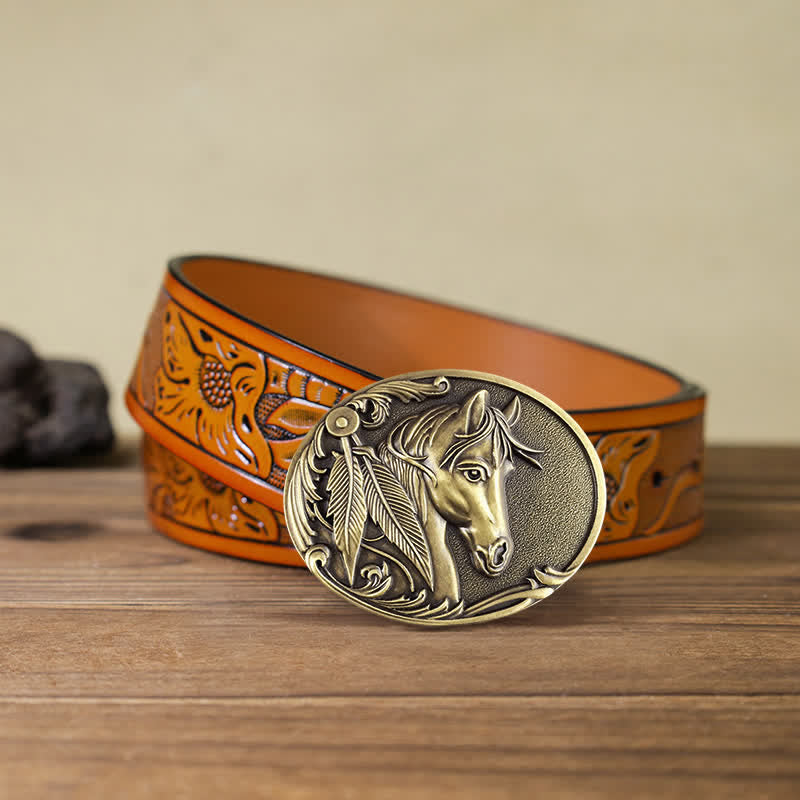 Men's DIY Bronze Horse Buckle Leather Belt