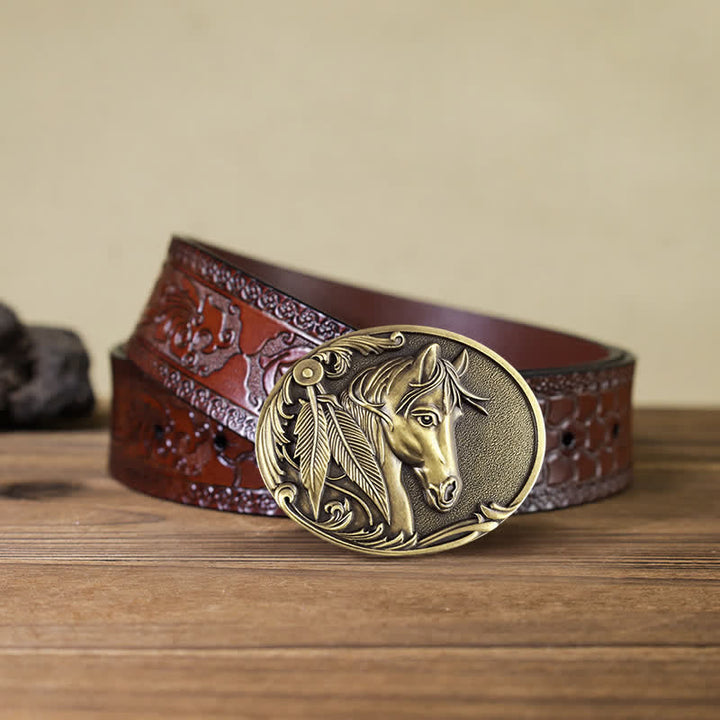 Men's DIY Bronze Horse Buckle Leather Belt