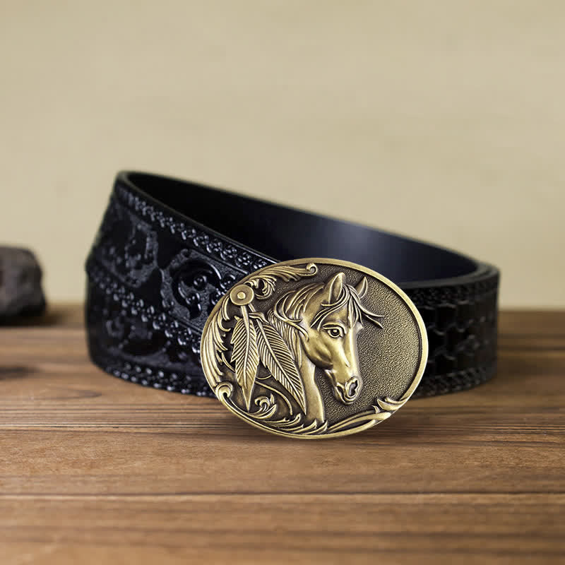 Men's DIY Bronze Horse Buckle Leather Belt