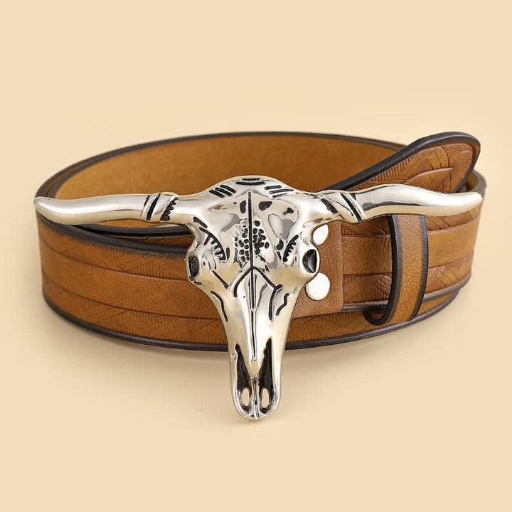 Classic Personality Silver Bull Skull Buckle Leather Belt