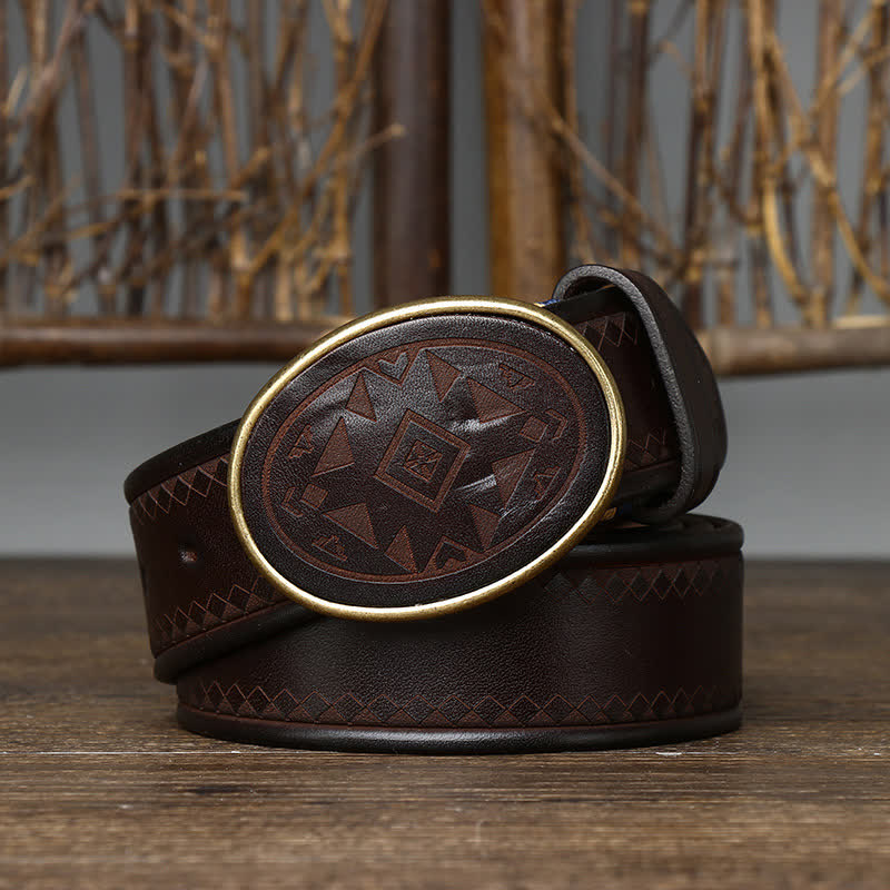 Vintage Engraved Pattern Thick Genuine Leather Belt