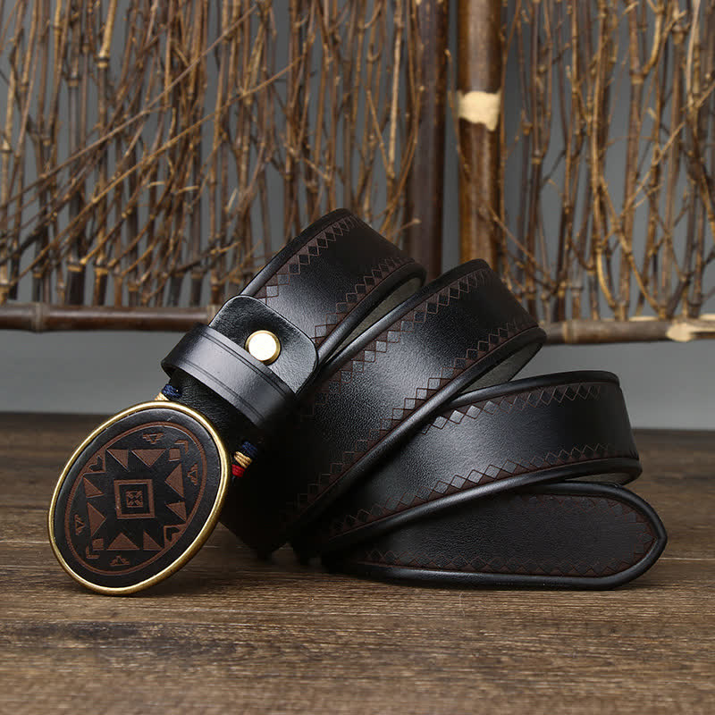 Vintage Engraved Pattern Thick Genuine Leather Belt