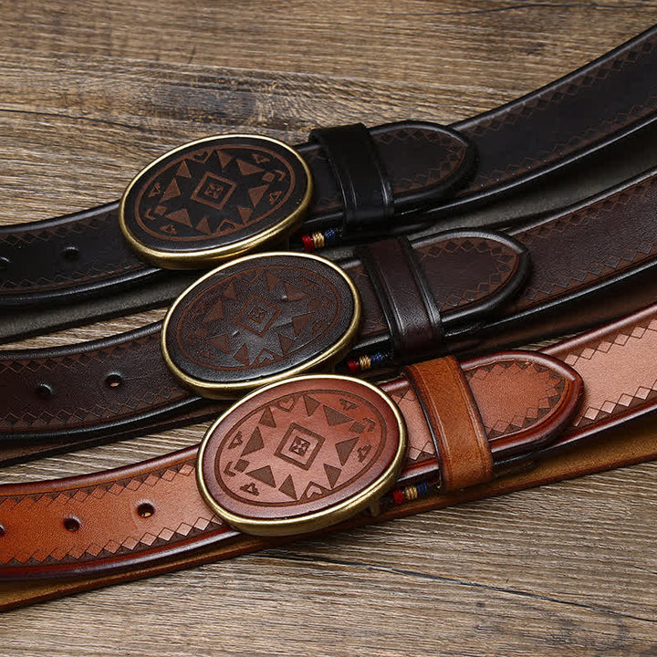 Vintage Engraved Pattern Thick Genuine Leather Belt