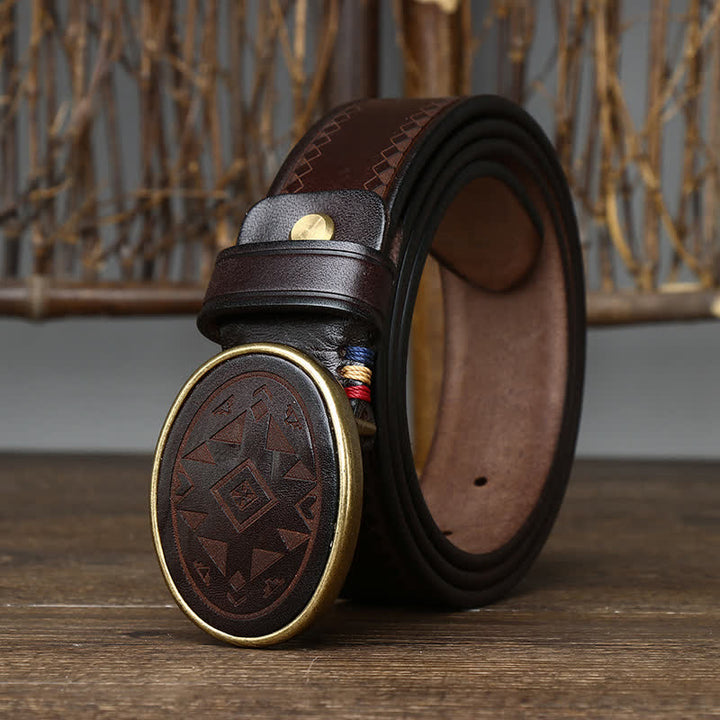 Vintage Engraved Pattern Thick Genuine Leather Belt