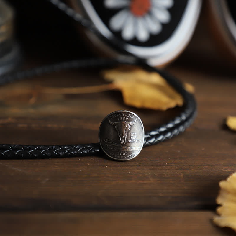 Cowboy Bull Head Coin Shape Bolo Tie