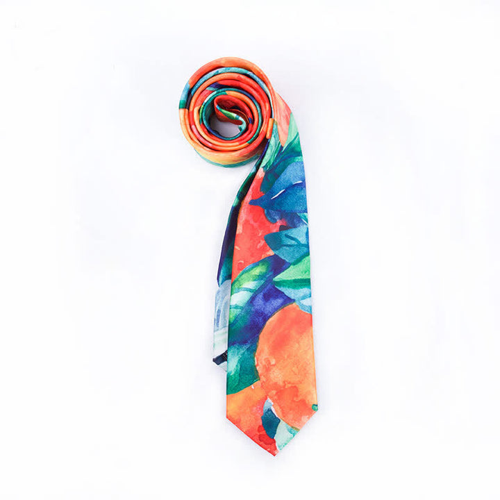 Men's Orange Green Leaves Art Printed Necktie