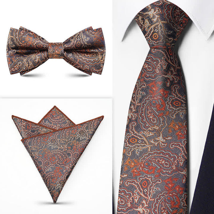 3Pcs Men's Brown Series Paisley BowTie Necktie Set