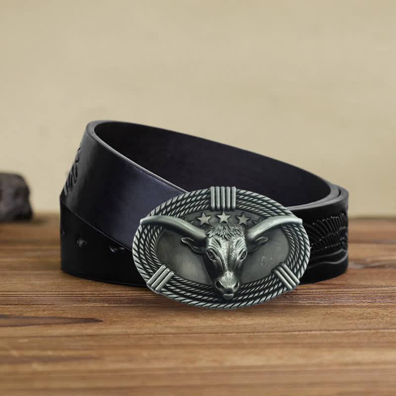 Men's DIY Retro Five Stars Bull Head Buckle Leather Belt